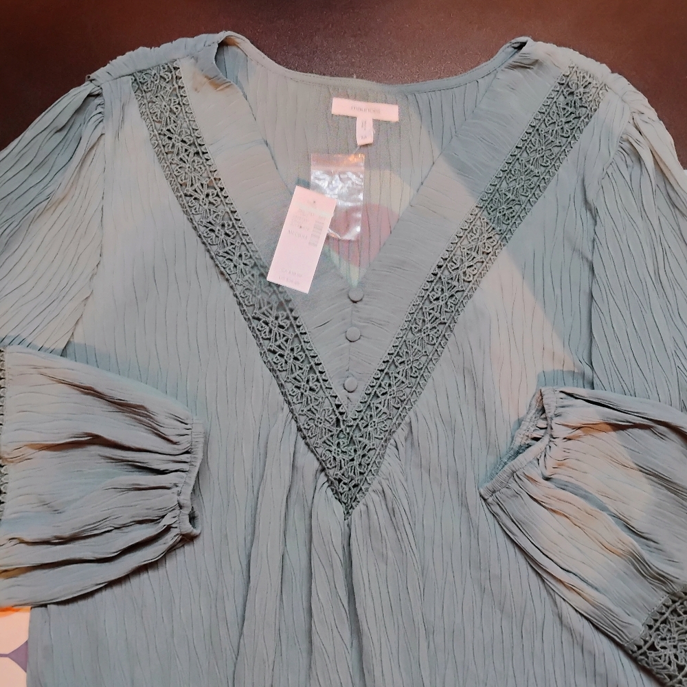 Maurices Green V Neck Long Sleeve Sheer Blouse NEW NWT‎ Womens Size M Details